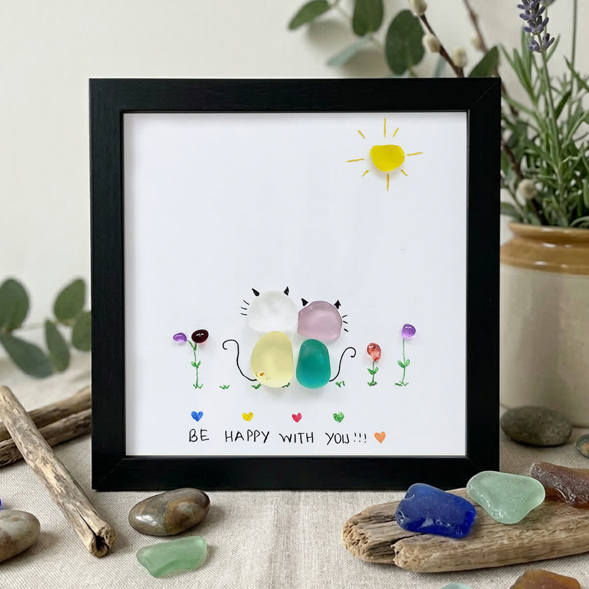 Sunny Companion Cat Sea Glass Framed Art - Black - 8" X 8" - image 11