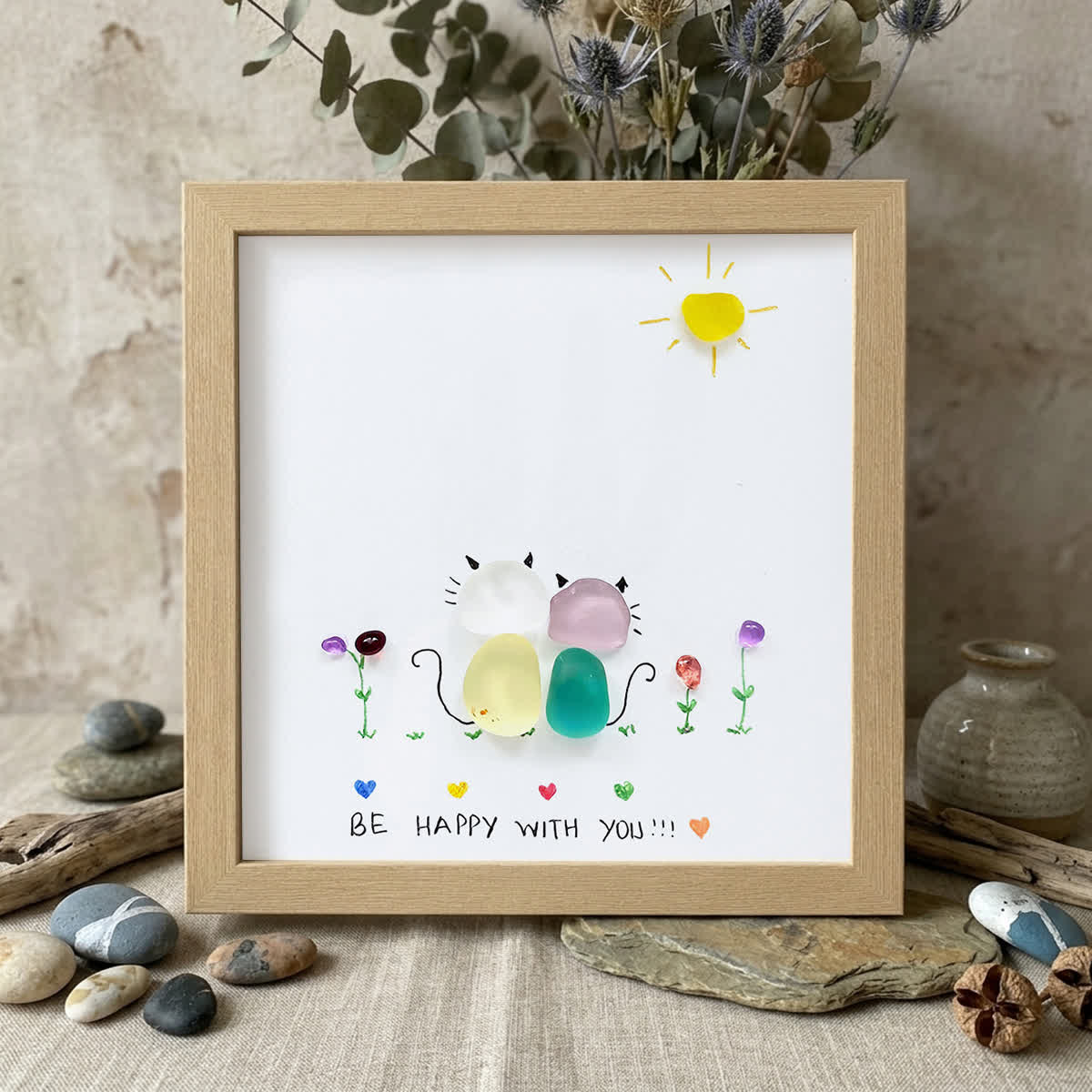Sunny Companion Cat Sea Glass Framed Art - Oak - 8" X 8" - image 10