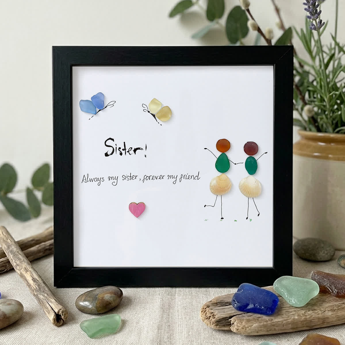 "Sister, Forever Friend" Sea Glass Framed Art - Black - 8" X 8" - image 11