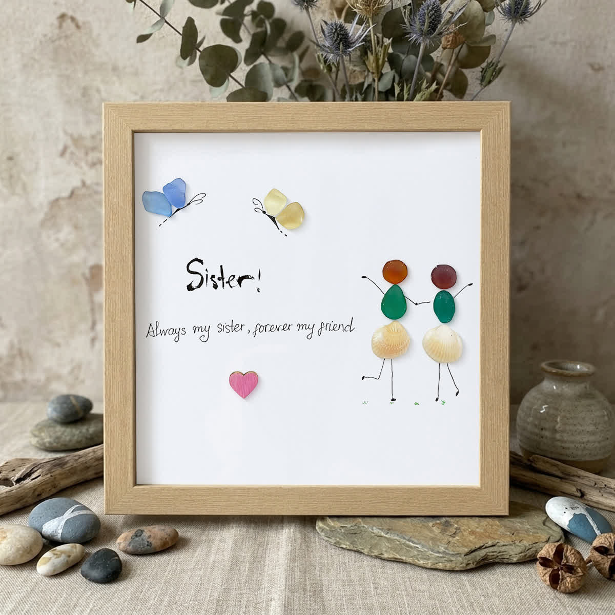 "Sister, Forever Friend" Sea Glass Framed Art - Oak - 8" X 8" - image 10