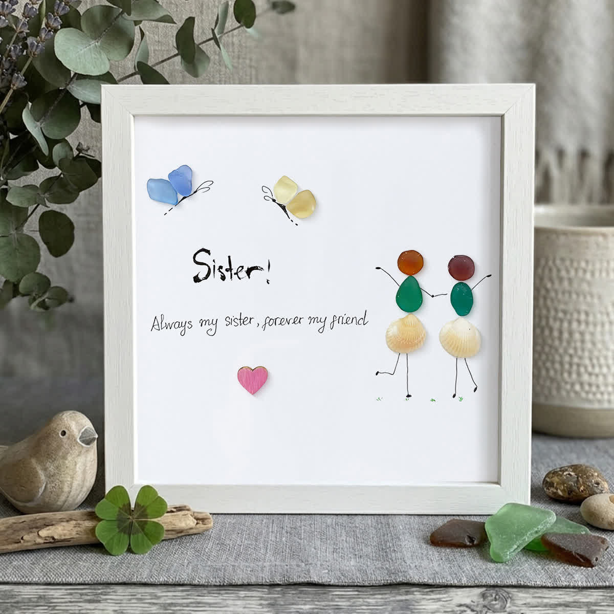 "Sister, Forever Friend" Sea Glass Framed Art - White - 8" X 8" - image 12
