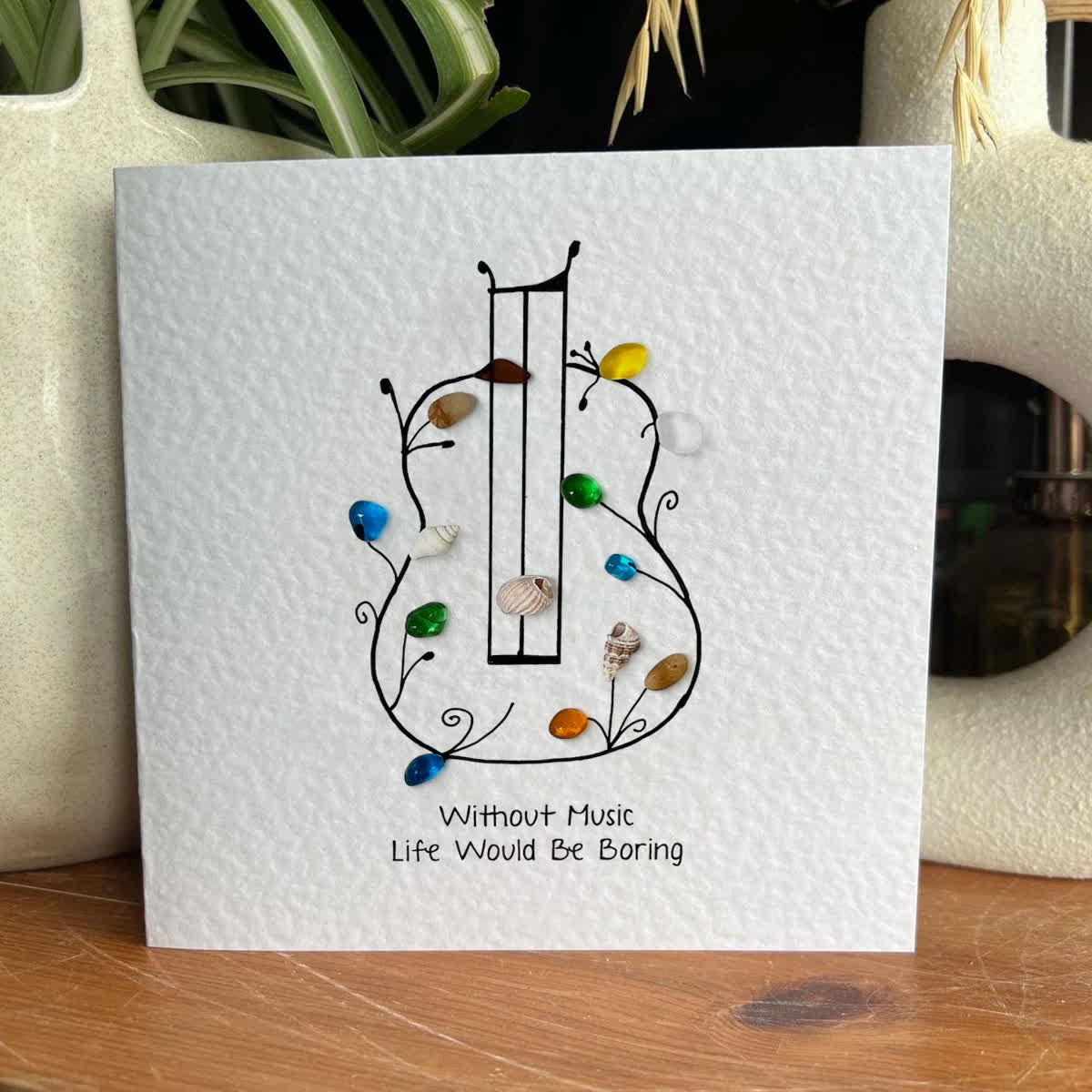 "Without Music, Life Would Be Boring" Sea Glass Framed Art - Seaglass Card - 8" X 8" - image 1