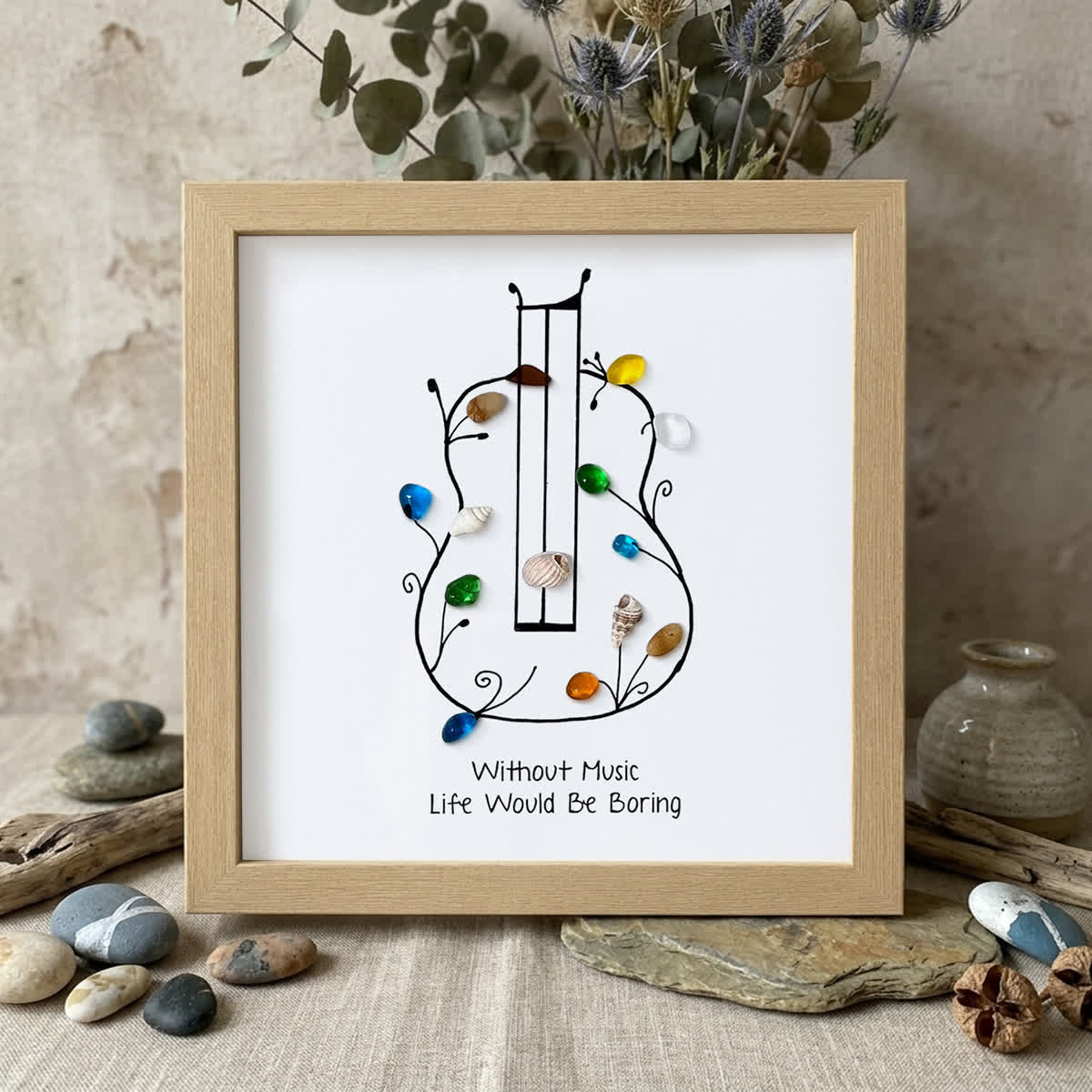 "Without Music, Life Would Be Boring" Sea Glass Framed Art - Oak - 8" X 8" - image 10
