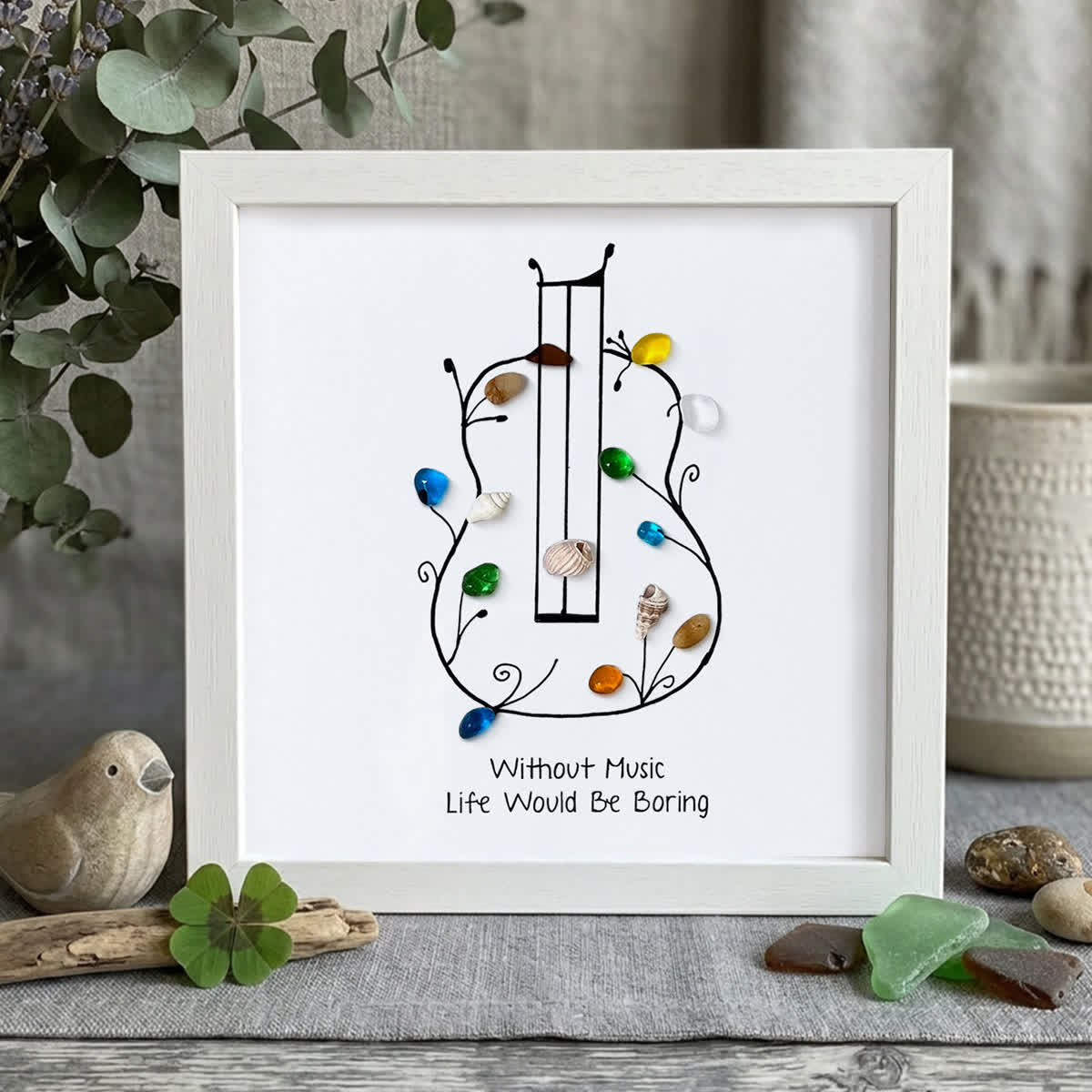 "Without Music, Life Would Be Boring" Sea Glass Framed Art - White - 8" X 8" - image 12