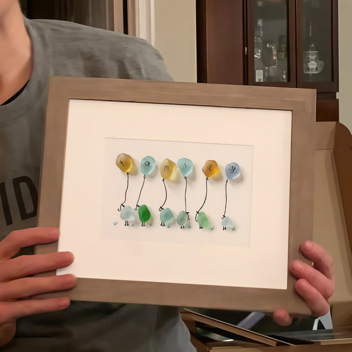 Family Birds & Balloon Sea Glass Framed Art - image 3