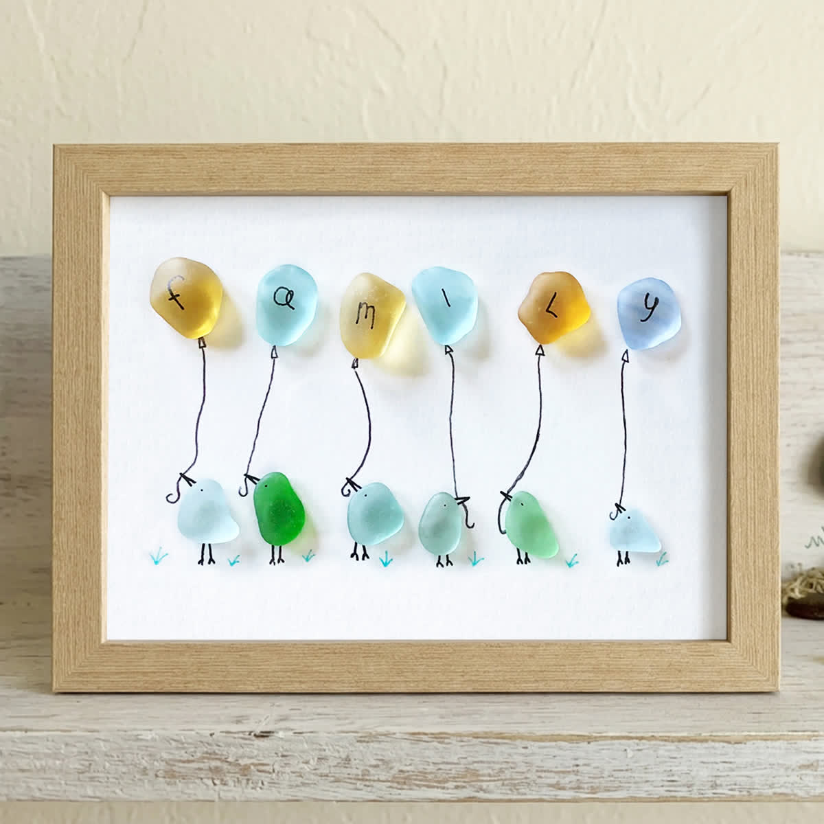 Family Birds & Balloon Sea Glass Framed Art - Oak - 6" X 8" - image 11