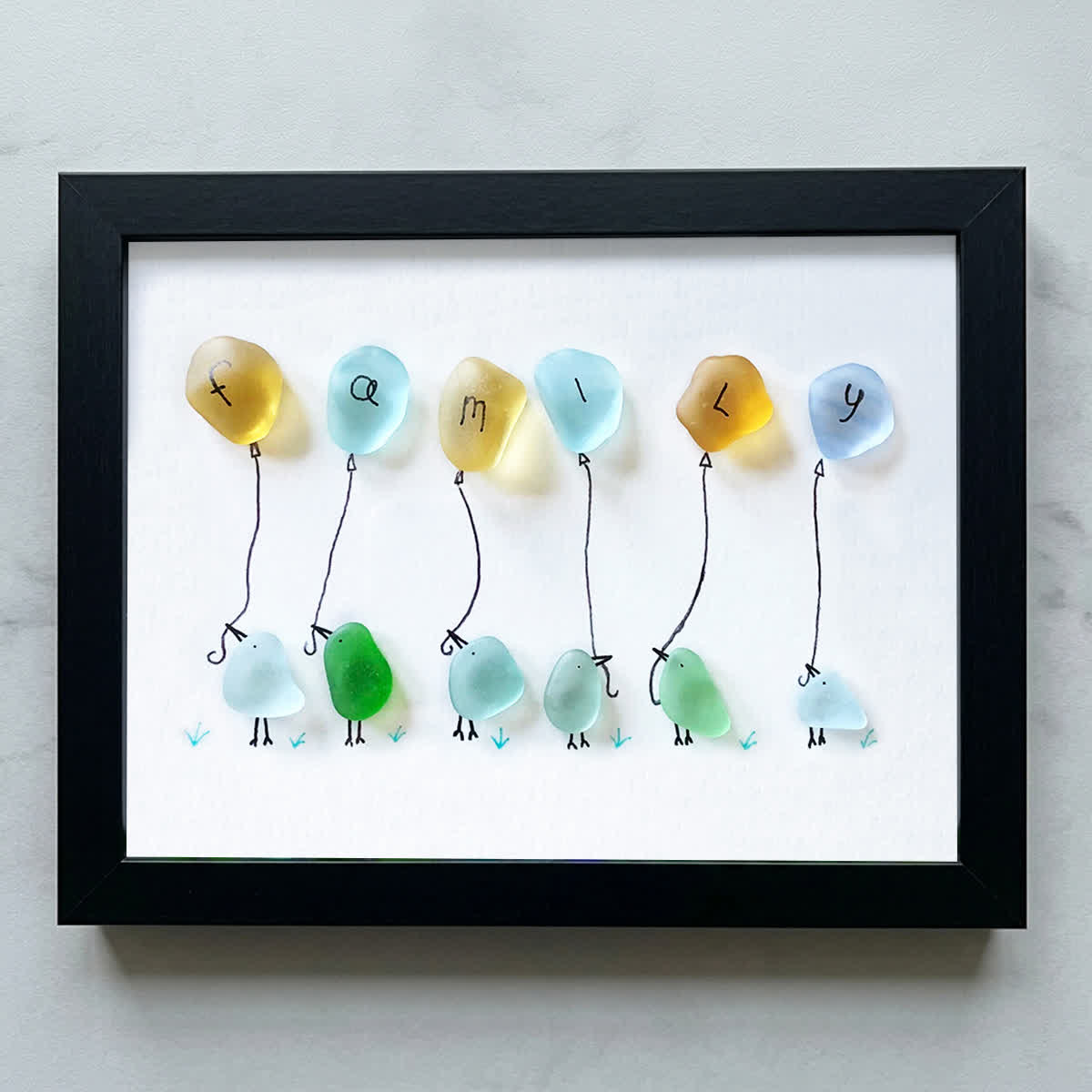 Family Birds & Balloon Sea Glass Framed Art - Black - 6" X 8" - image 13
