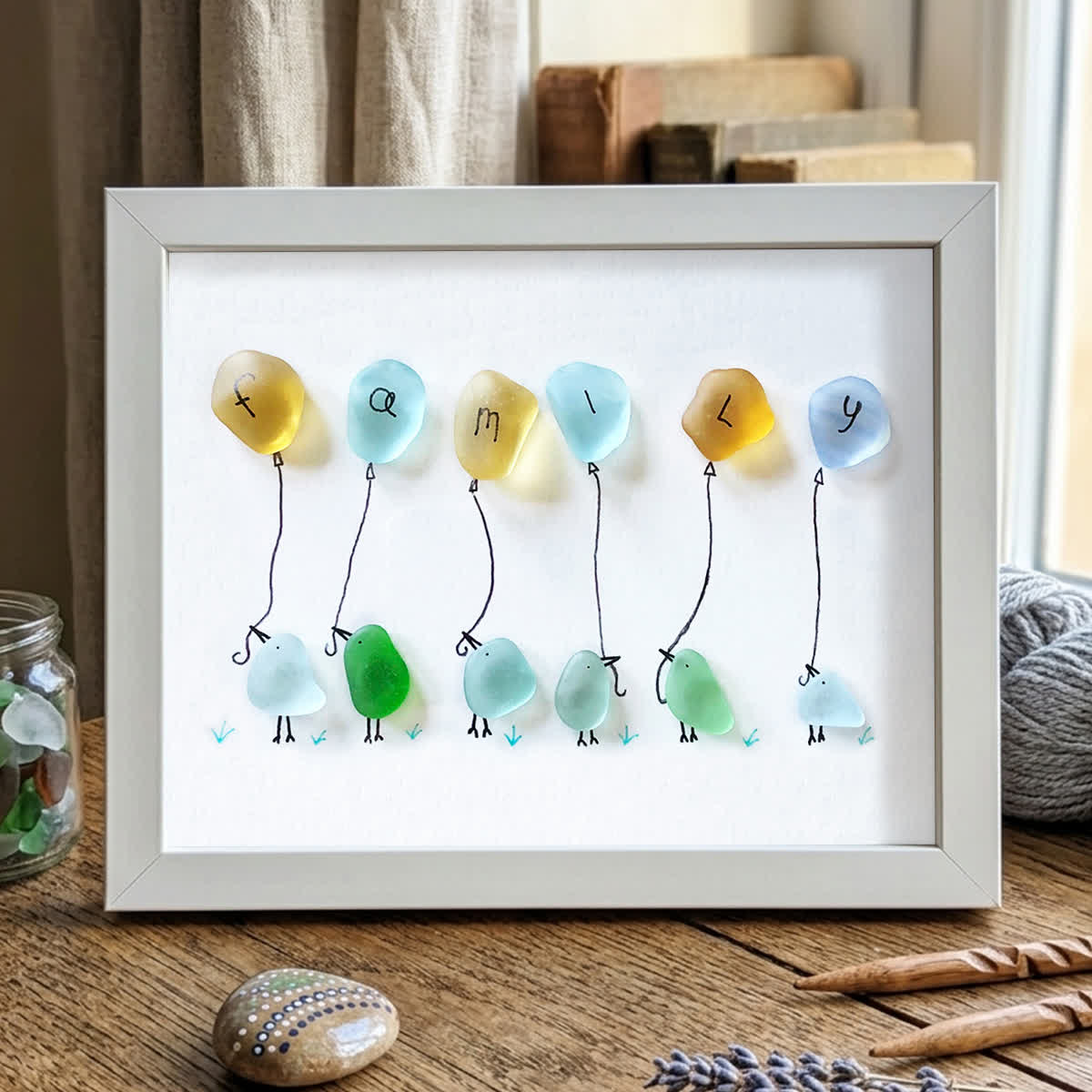 Family Birds & Balloon Sea Glass Framed Art - White - 6" X 8" - image 14