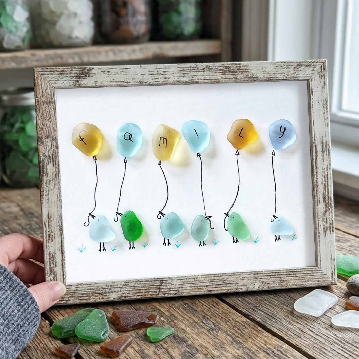 Family Birds & Balloon Sea Glass Framed Art - Retro White - 6" X 8" - image 15