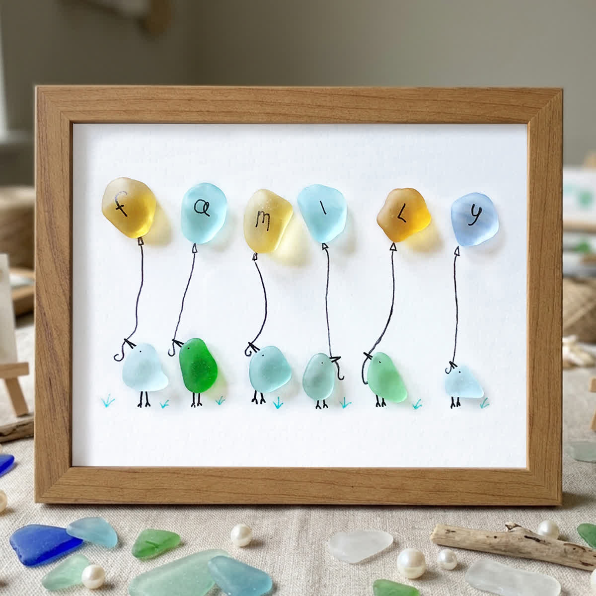 Family Birds & Balloon Sea Glass Framed Art - Walnut Brown - 6" X 8" - image 12