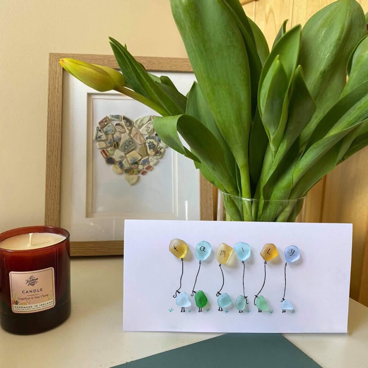 Family Birds & Balloon Sea Glass Framed Art - Seaglass Card - 6" X 8" - image 1