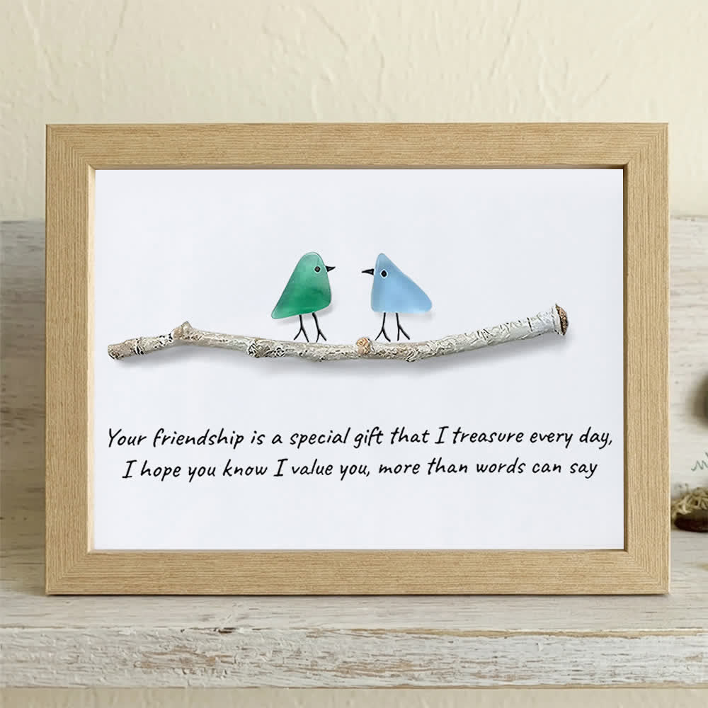 Handmade Friendship Quote With Birds Sea Glass Framed Art - Oak - 6" X 8" - image 7