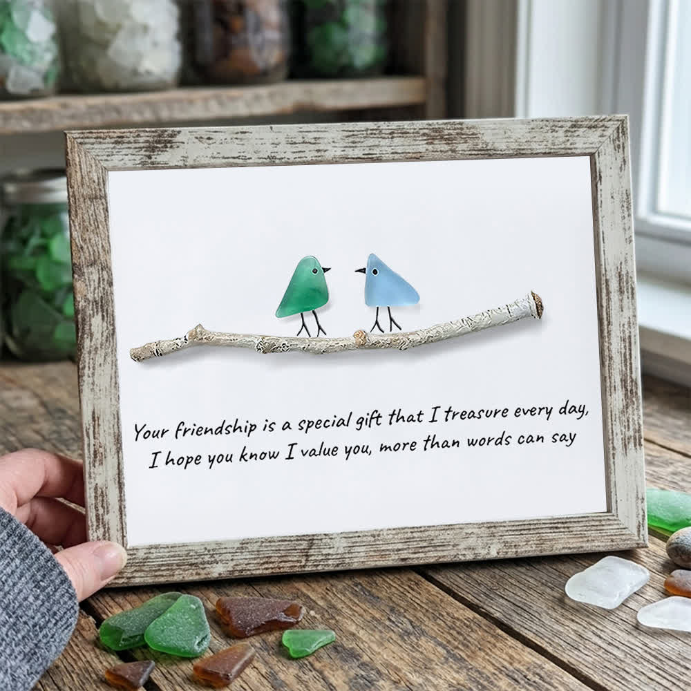 Handmade Friendship Quote With Birds Sea Glass Framed Art - Retro White - 6" X 8" - image 11