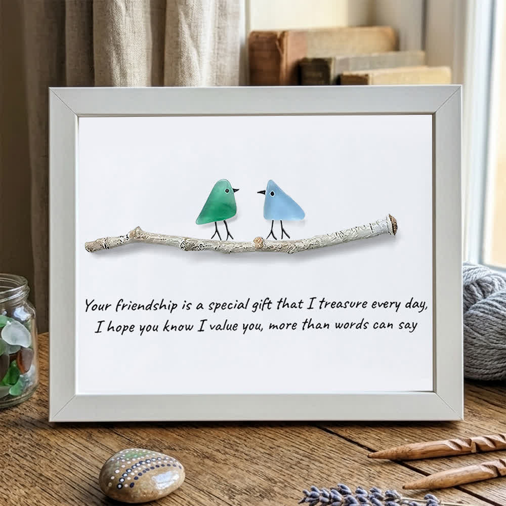 Handmade Friendship Quote With Birds Sea Glass Framed Art - White - 6" X 8" - image 10