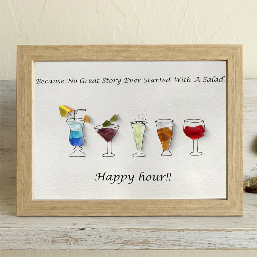 Happy Hour Colourful Sea Glass Framed Art Gift For Cocktail Lover - Oak - 6" X 8" - image 7