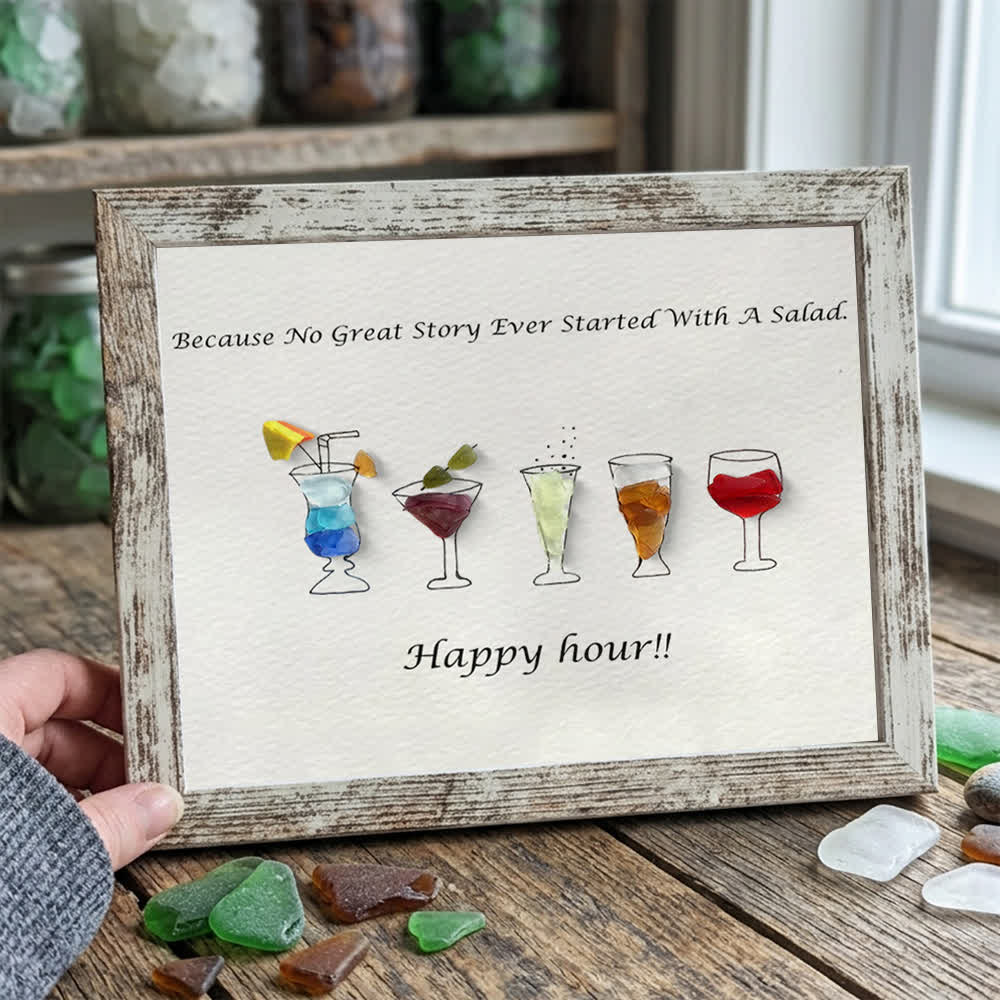 Happy Hour Colourful Sea Glass Framed Art Gift For Cocktail Lover - Retro White - 6" X 8" - image 11