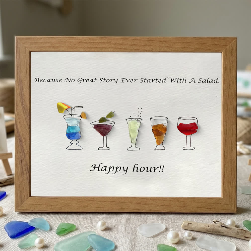 Happy Hour Colourful Sea Glass Framed Art Gift For Cocktail Lover - Walnut Brown - 6" X 8" - image 8