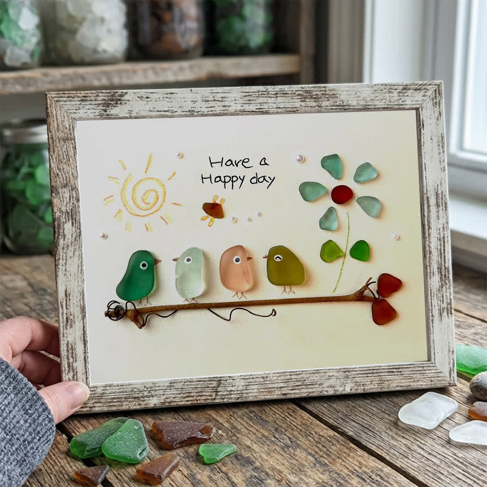 "Have a Happy Day" Birds & Sunny Sea Glass Framed Art - Retro White - 6" X 8" - image 14