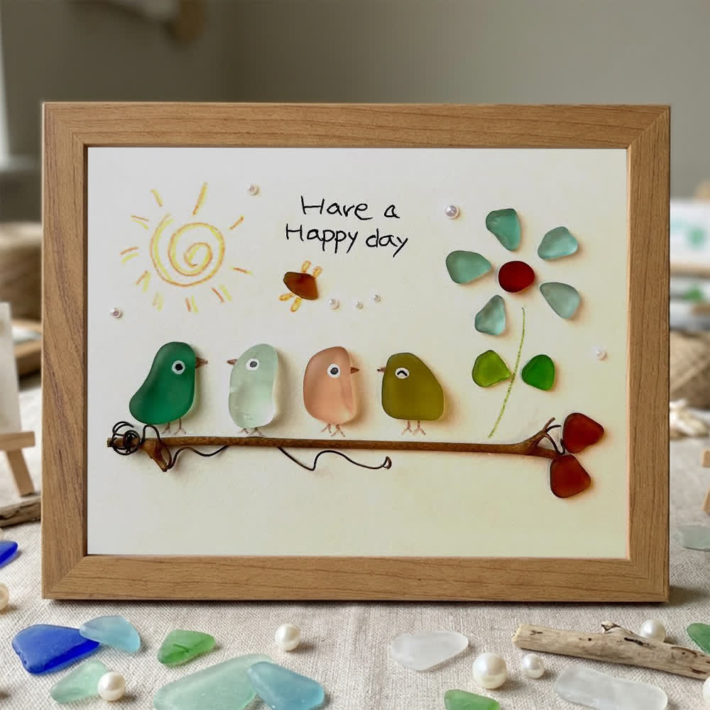 "Have a Happy Day" Birds & Sunny Sea Glass Framed Art - Walnut Brown - 6" X 8" - image 11