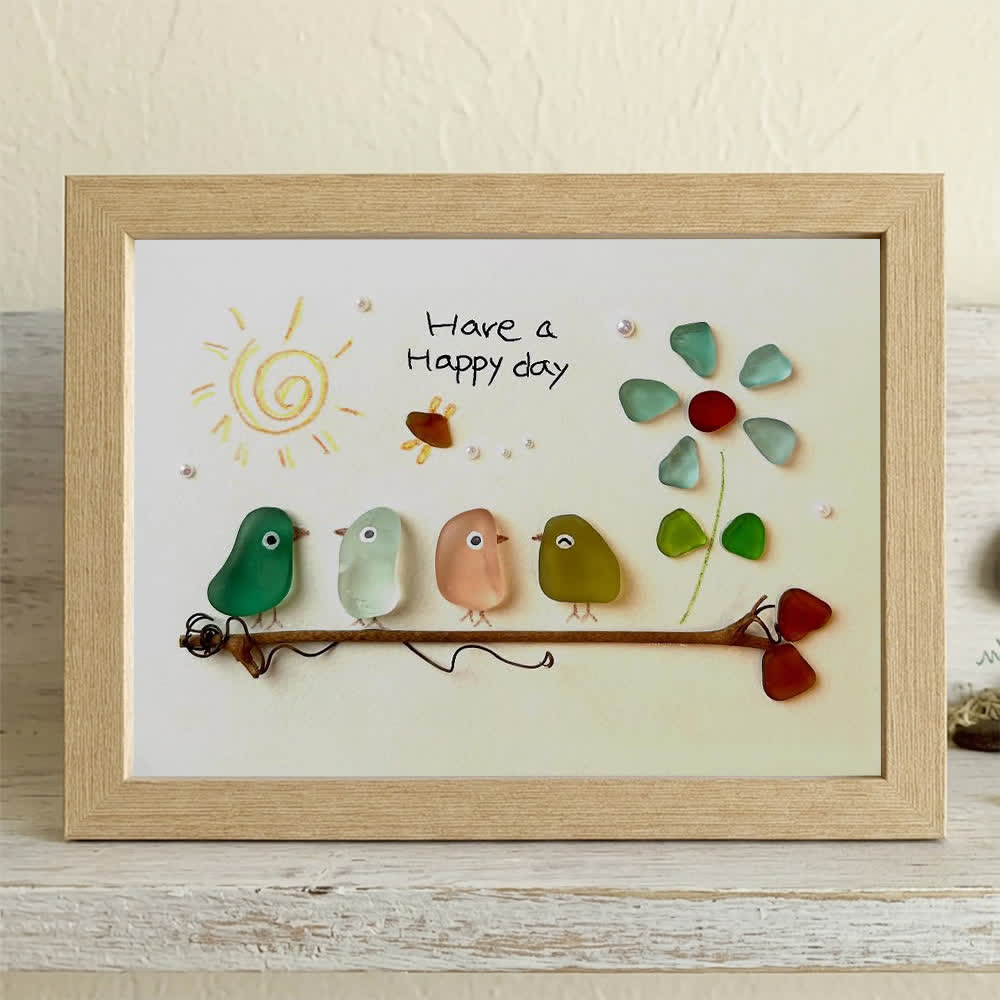 "Have a Happy Day" Birds & Sunny Sea Glass Framed Art - Oak - 6" X 8" - image 10