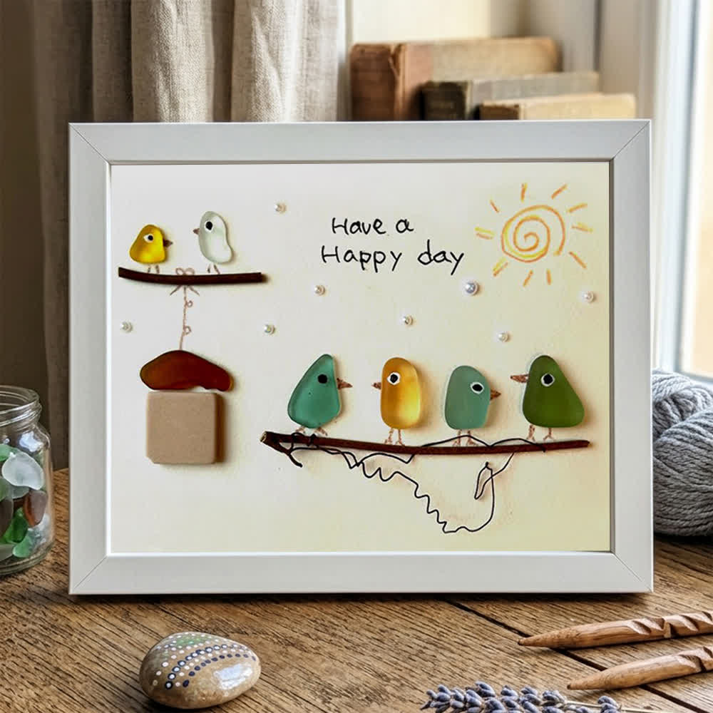 "Have a Happy Day" Cheerful Birdhouse Sea Glass Framed Art - White - 6" X 8" - image 14