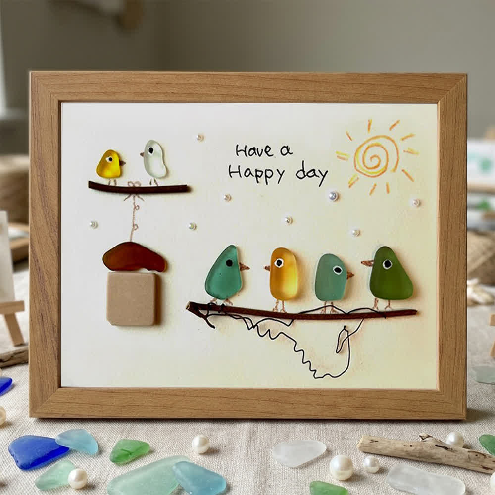 "Have a Happy Day" Cheerful Birdhouse Sea Glass Framed Art - Walnut Brown - 6" X 8" - image 12