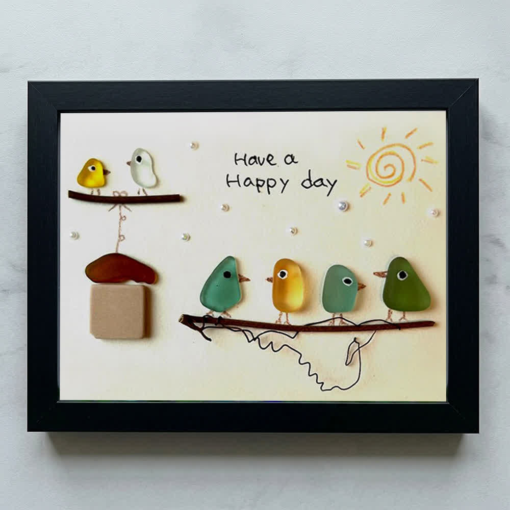 "Have a Happy Day" Cheerful Birdhouse Sea Glass Framed Art - Black - 6" X 8" - image 13