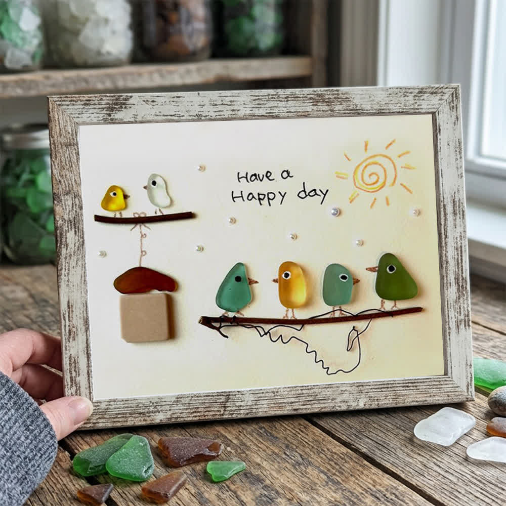 "Have a Happy Day" Cheerful Birdhouse Sea Glass Framed Art - Retro White - 6" X 8" - image 15