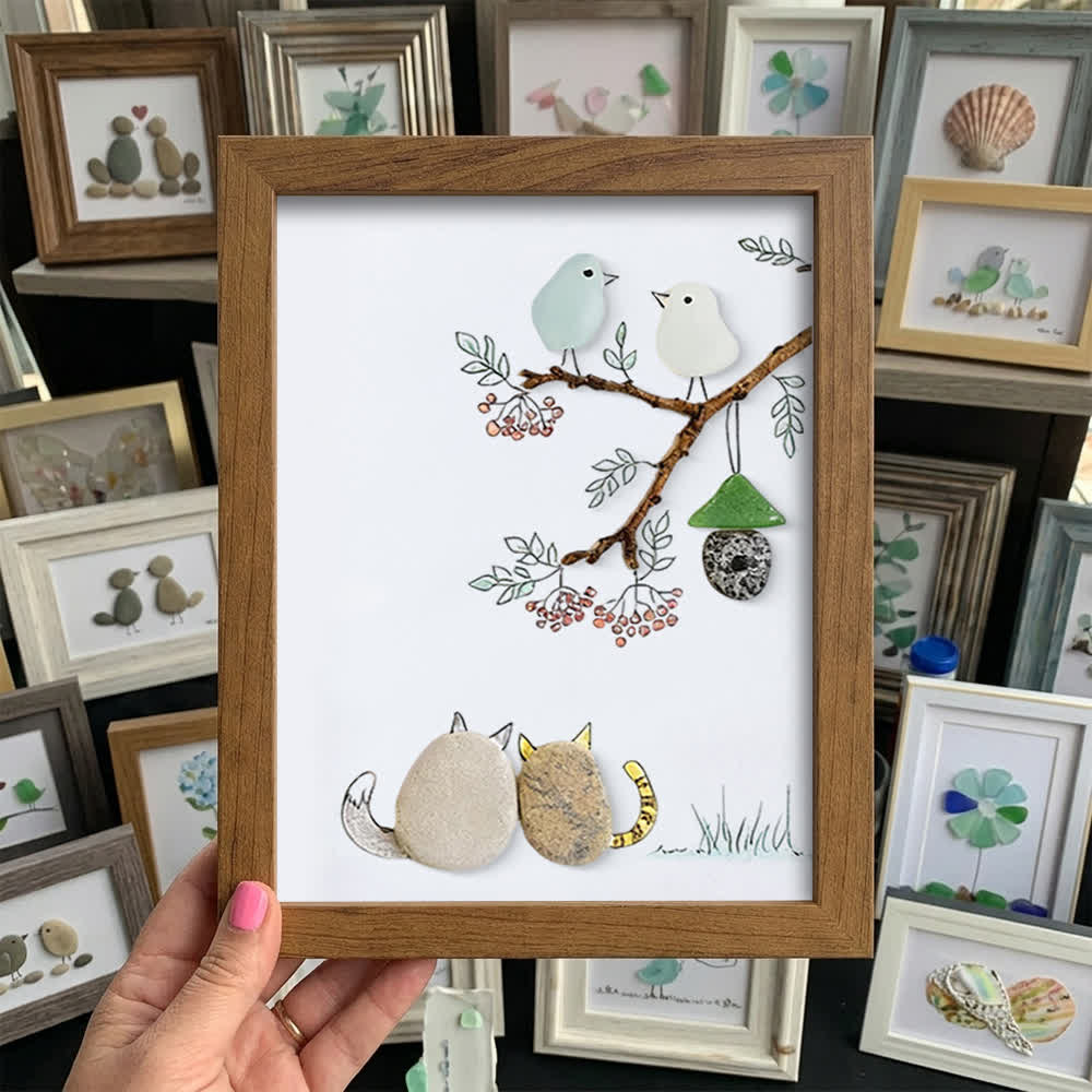 Cats Snuggling Under The Birdhouse Sea Glass Framed Art - Walnut Brown - 8" X 6" - image 8