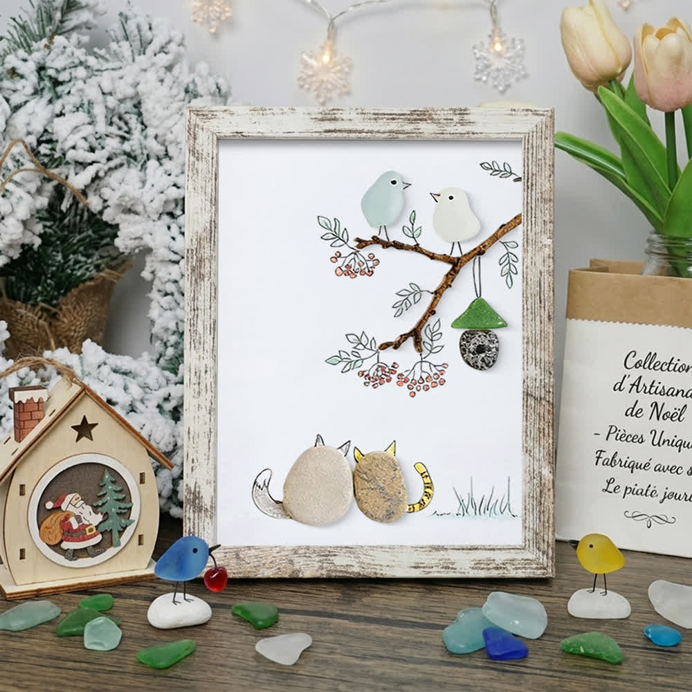 Cats Snuggling Under The Birdhouse Sea Glass Framed Art - Retro White - 8" X 6" - image 11