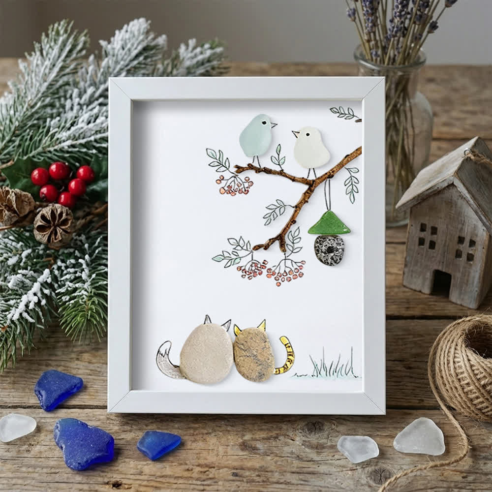 Cats Snuggling Under The Birdhouse Sea Glass Framed Art - White - 8" X 6" - image 10