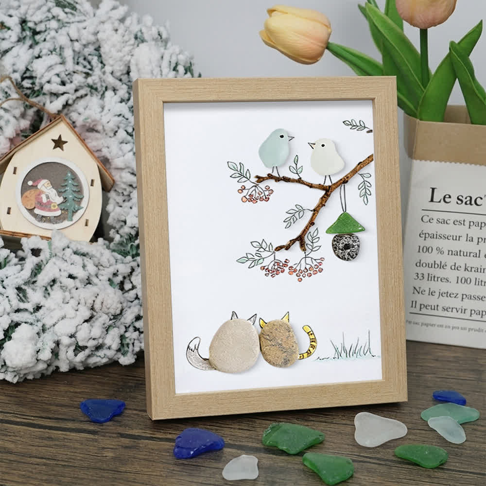 Cats Snuggling Under The Birdhouse Sea Glass Framed Art - Oak - 8" X 6" - image 7