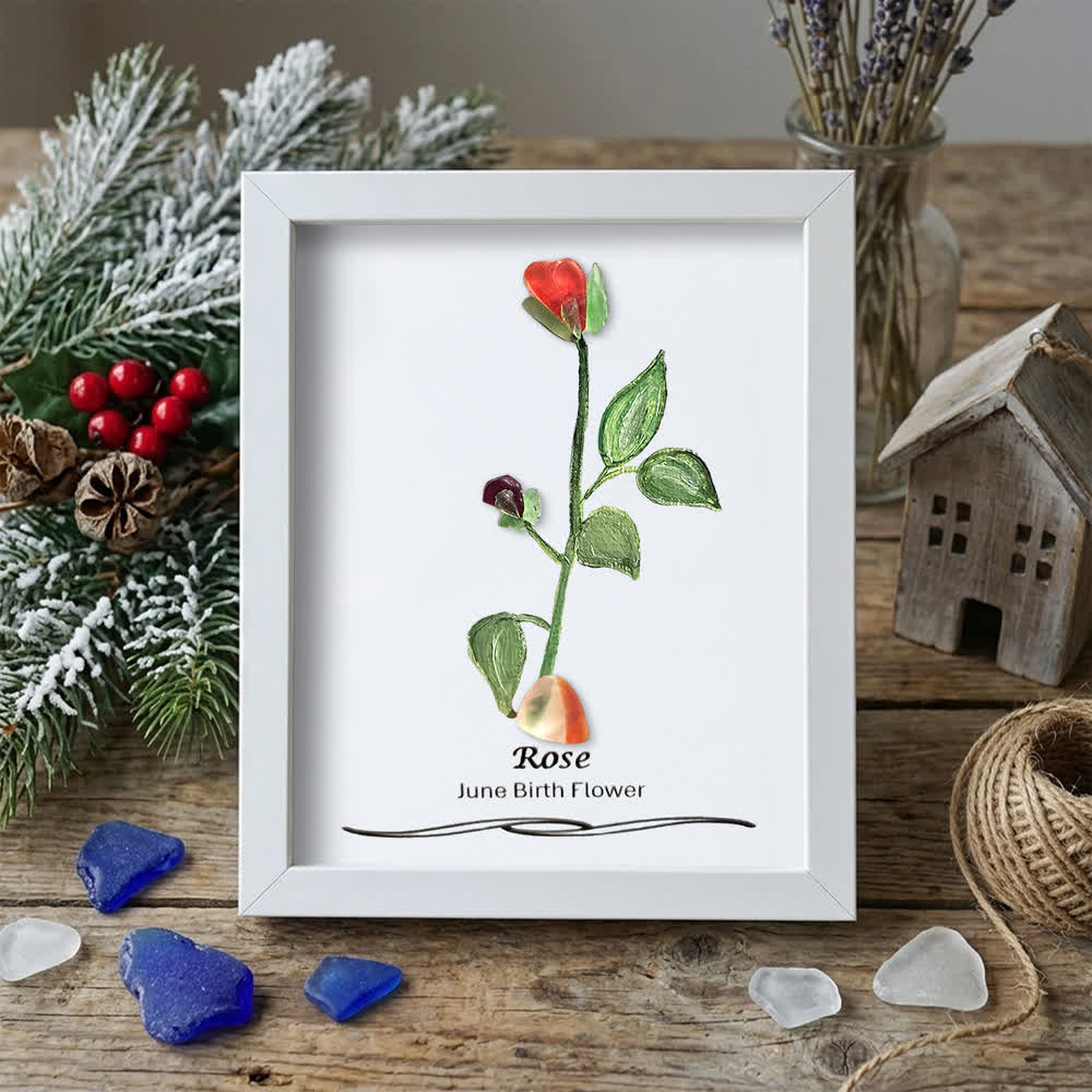 June Birth Flower Rose Sea Glass Framed Art - White - 8" X 6" - image 12