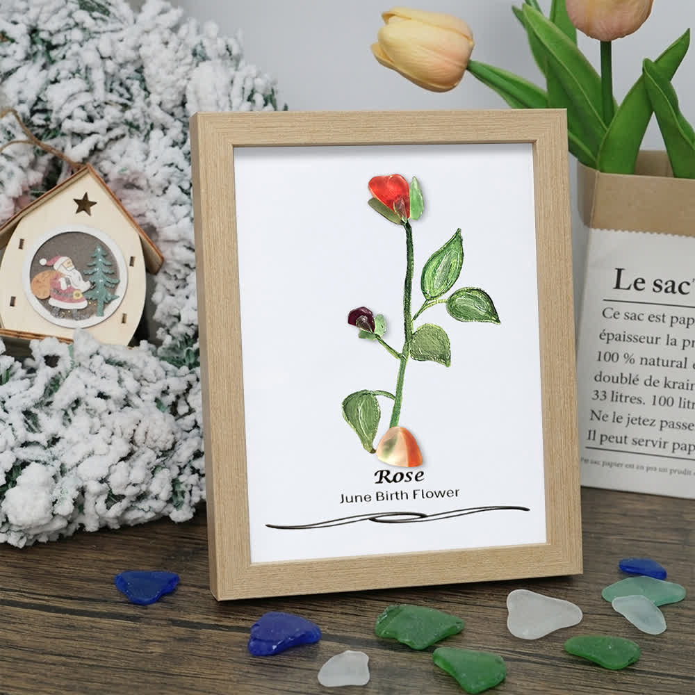 June Birth Flower Rose Sea Glass Framed Art - Oak - 8" X 6" - image 9