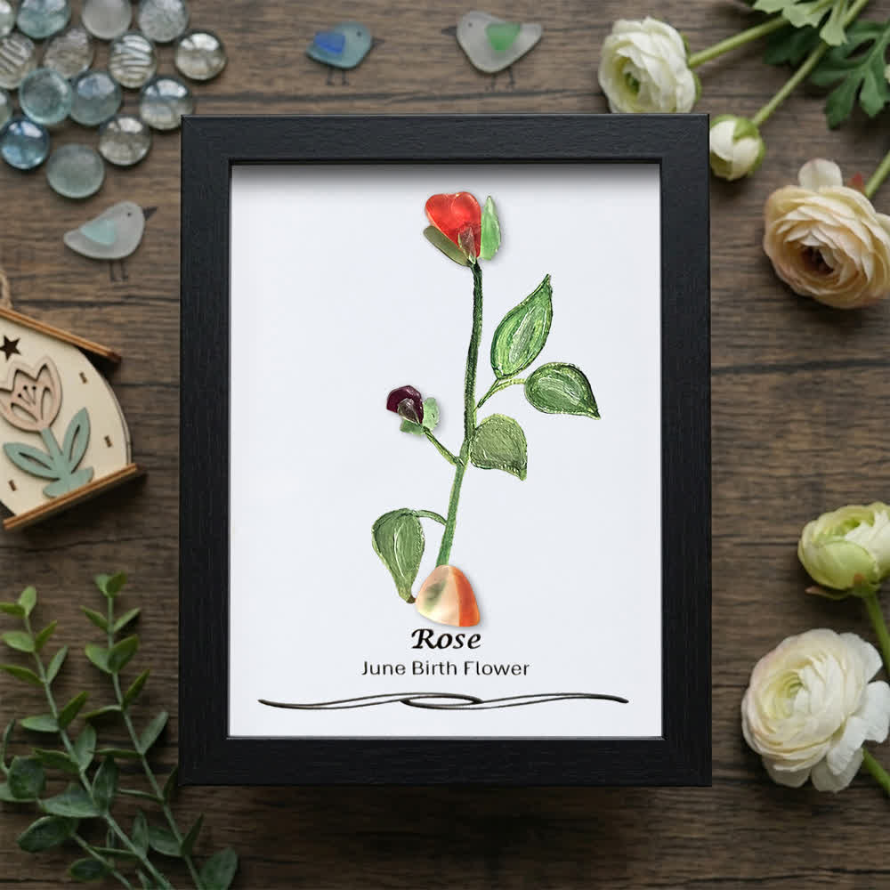 June Birth Flower Rose Sea Glass Framed Art - Black - 8" X 6" - image 11