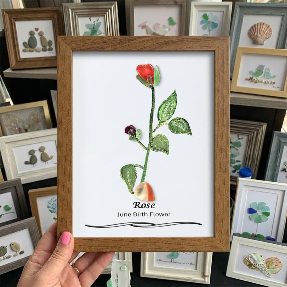 June Birth Flower Rose Sea Glass Framed Art - Walnut Brown - 8" X 6" - image 10