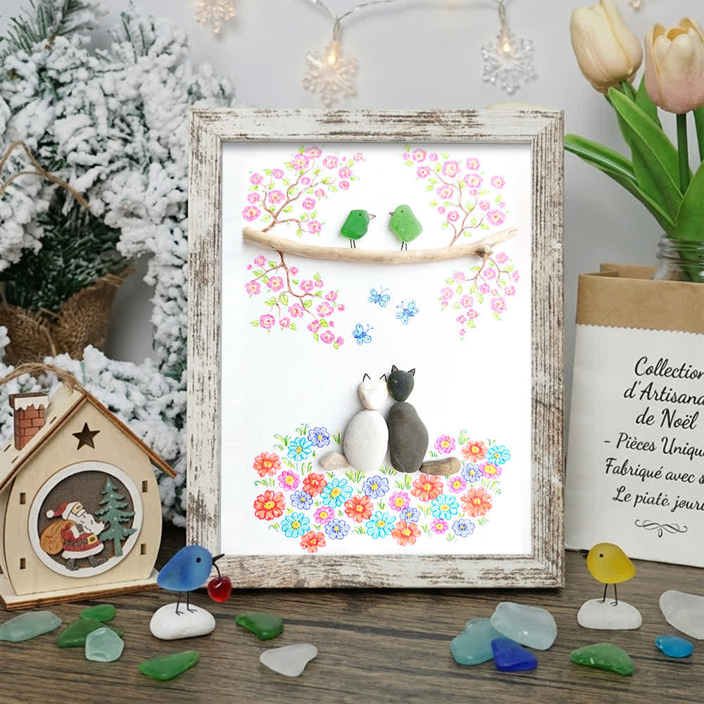 Romantic Blossom & Cats Couple Sea Glass Framed Art - Retro White - 8" X 6" - image 13