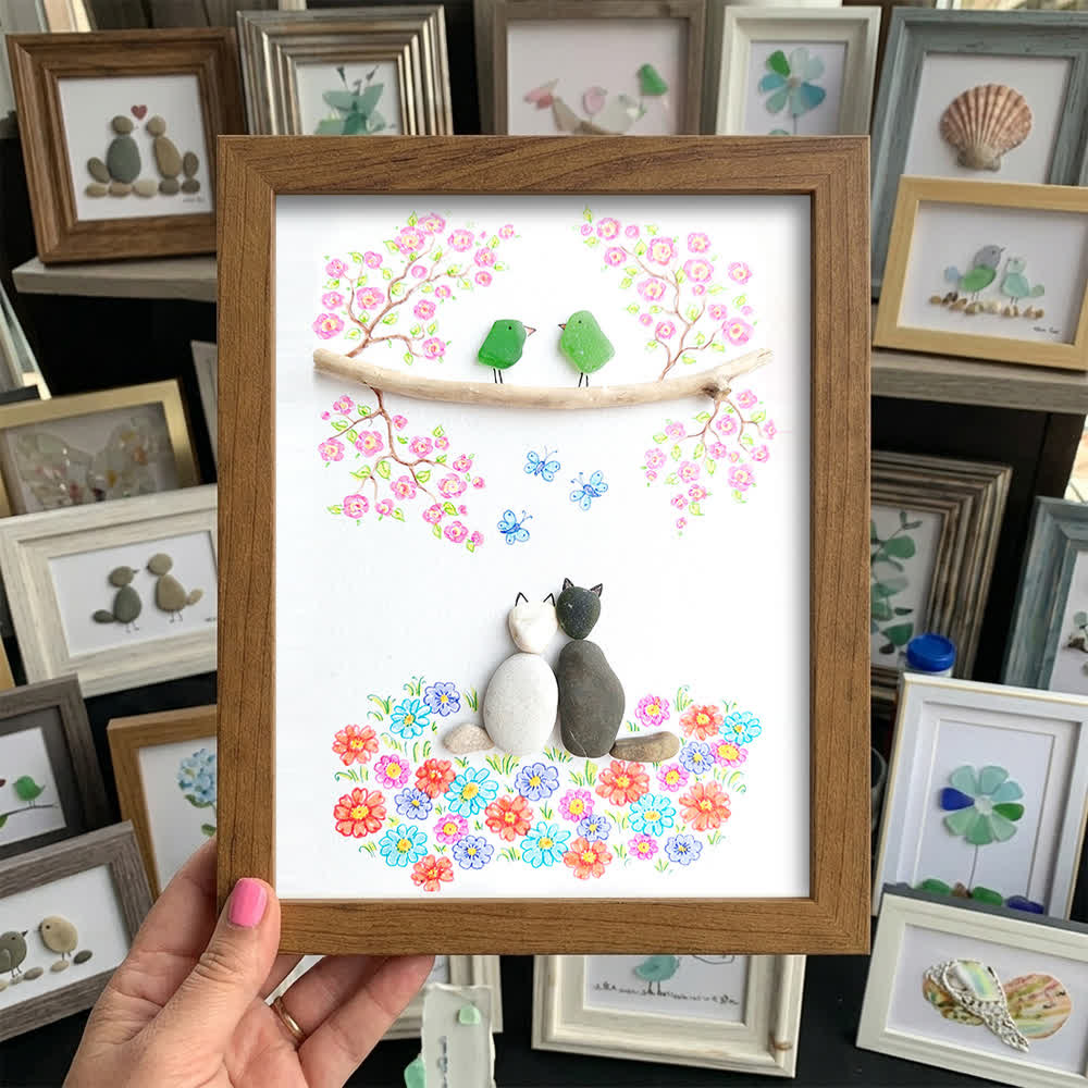 Romantic Blossom & Cats Couple Sea Glass Framed Art - Walnut Brown - 8" X 6" - image 10