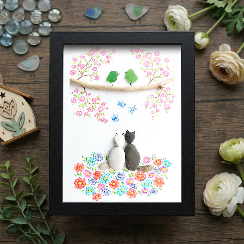 Romantic Blossom & Cats Couple Sea Glass Framed Art - Black - 8" X 6" - image 11