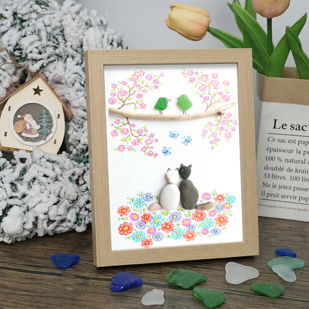 Romantic Blossom & Cats Couple Sea Glass Framed Art - Oak - 8" X 6" - image 9
