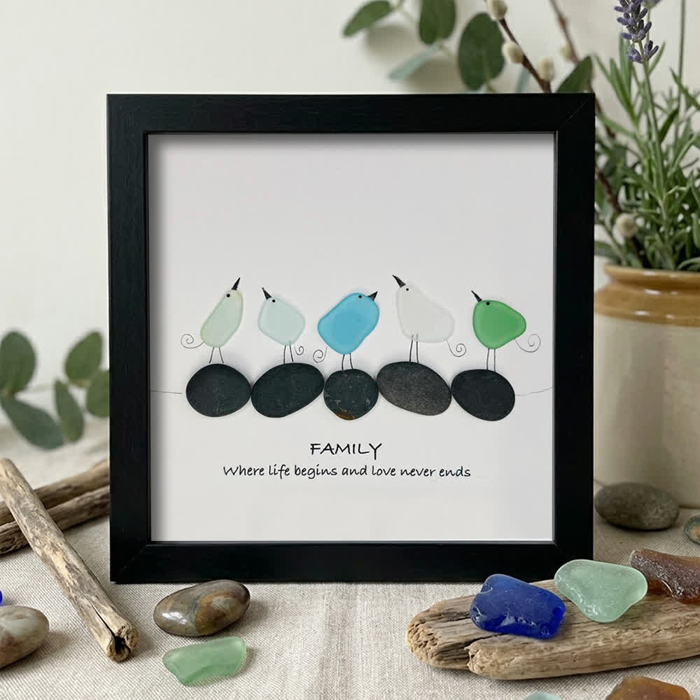 Warm Birds Love Family Sea Glass Framed Art - Black - 8" X 8" - image 9