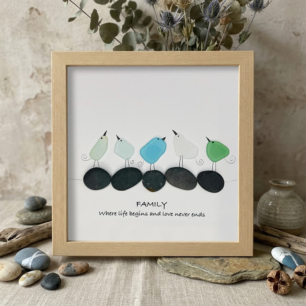 Warm Birds Love Family Sea Glass Framed Art - Oak - 8" X 8" - image 8