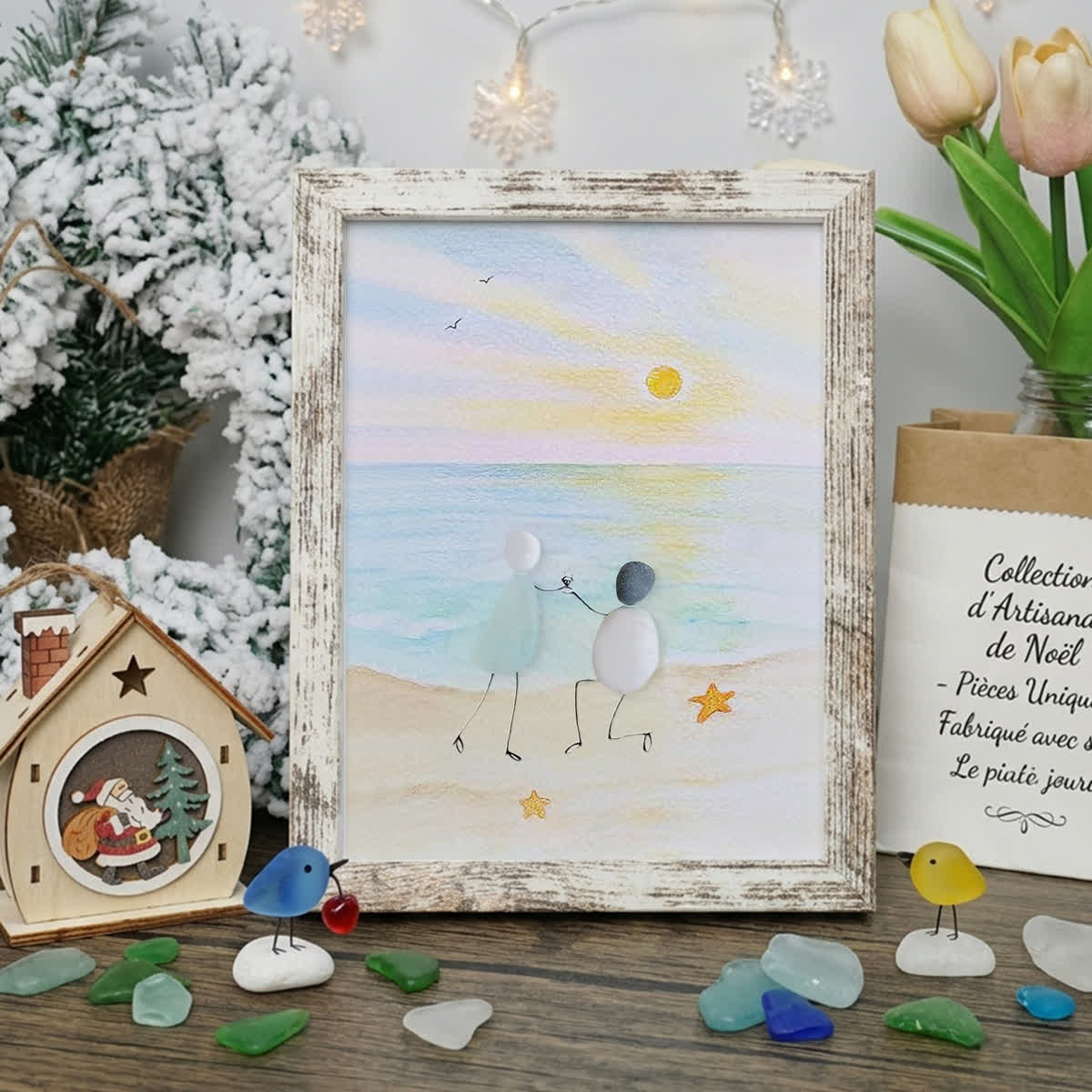 Proposal Engagement Couple Sea Glass Framed Art - Sunrise - Retro White - 8" X 6" - image 9