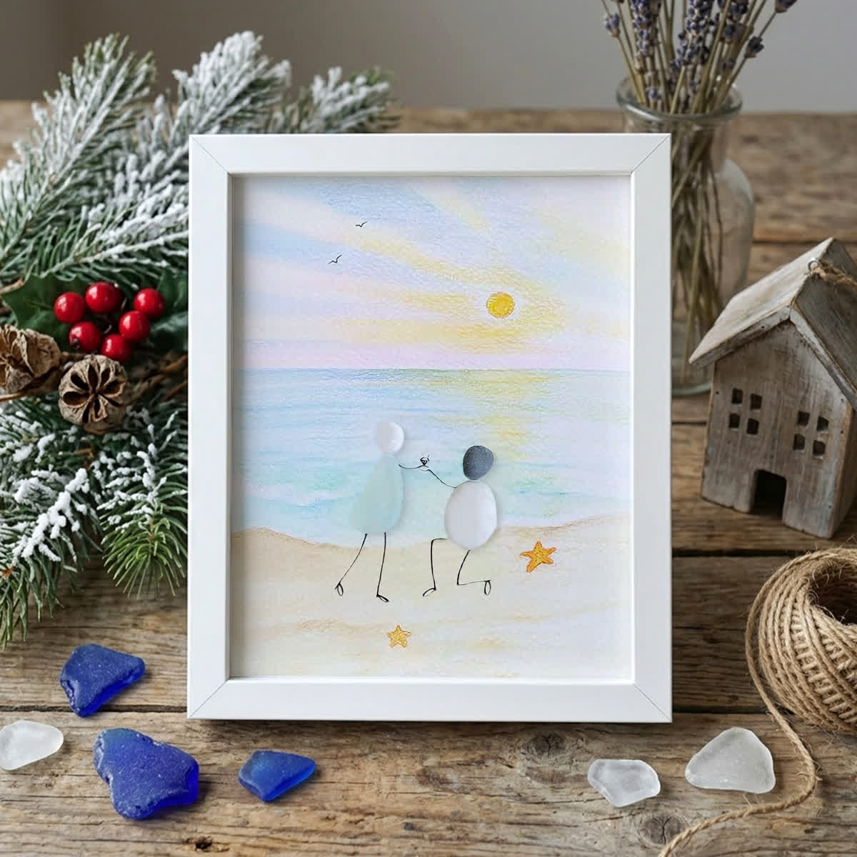 Proposal Engagement Couple Sea Glass Framed Art - Sunrise - White - 8" X 6" - image 8
