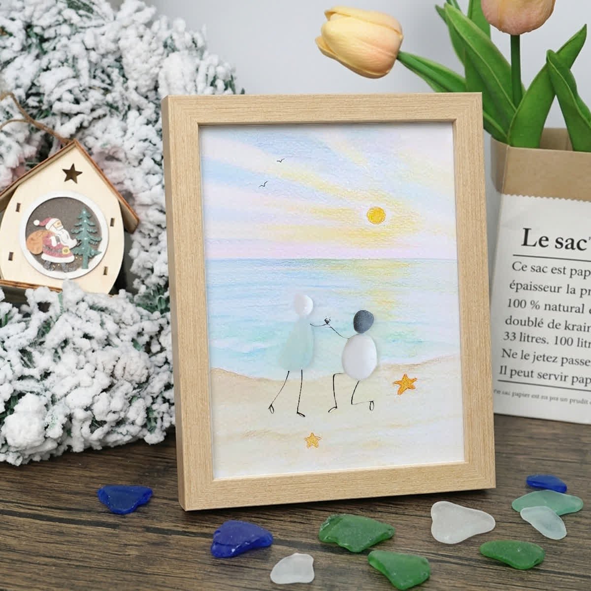 Proposal Engagement Couple Sea Glass Framed Art - Sunrise - Oak - 8" X 6" - image 5