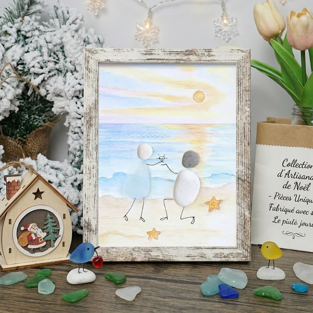 Proposal Engagement Couple Sea Glass Framed Art - Sunset - Retro White - 8" X 6" - image 19
