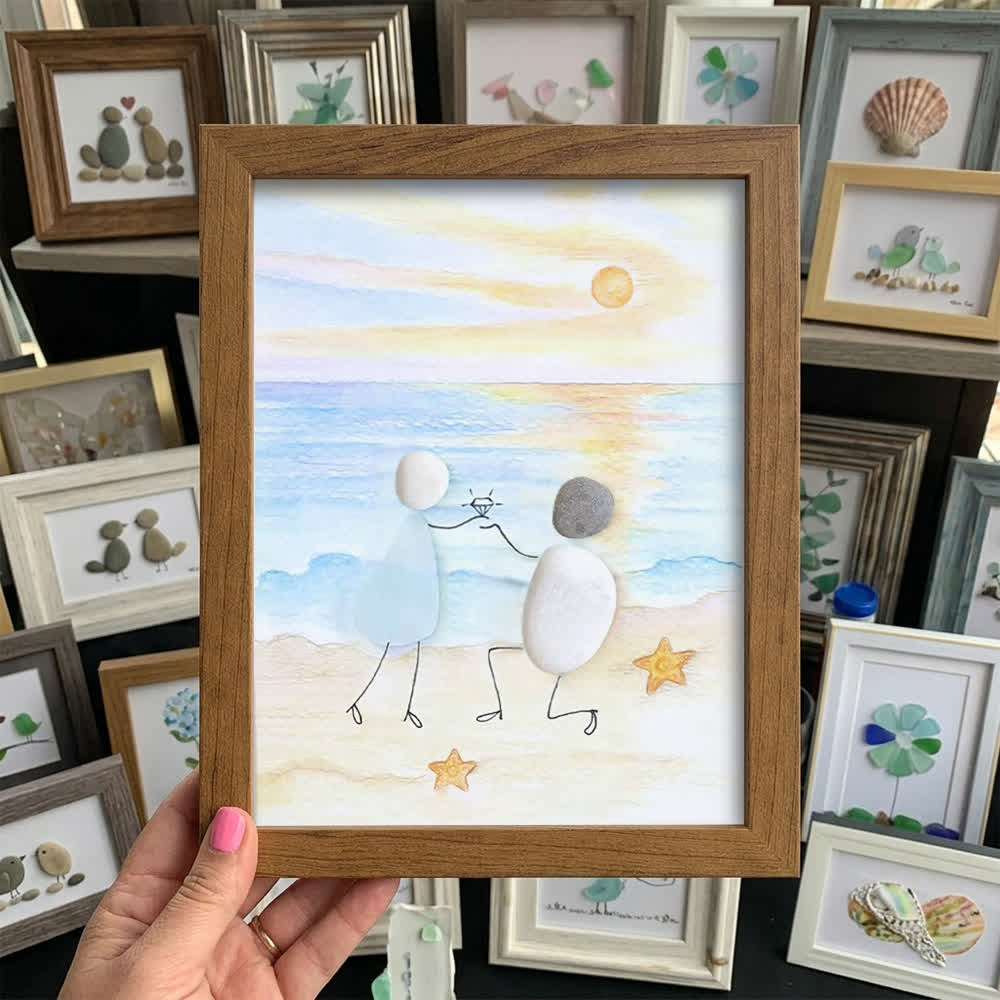 Proposal Engagement Couple Sea Glass Framed Art - Sunset - Walnut Brown - 8" X 6" - image 16