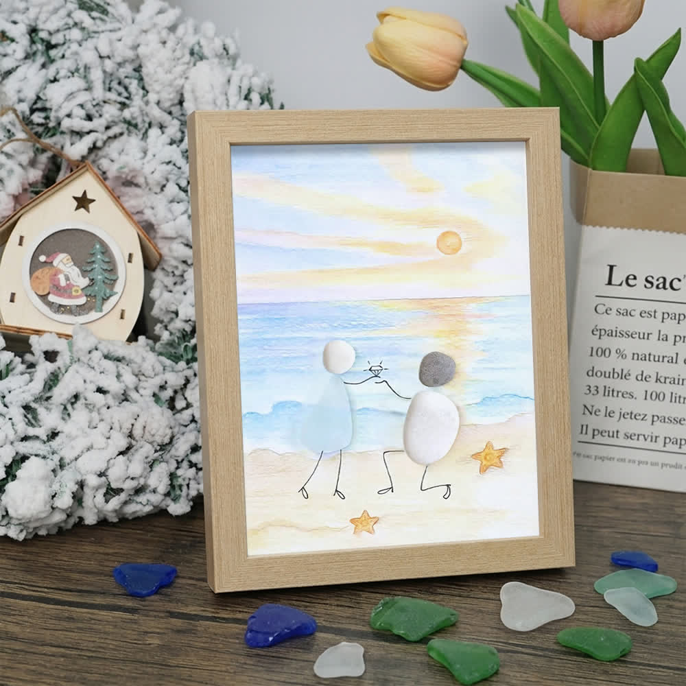 Proposal Engagement Couple Sea Glass Framed Art - Sunset - Oak - 8" X 6" - image 15