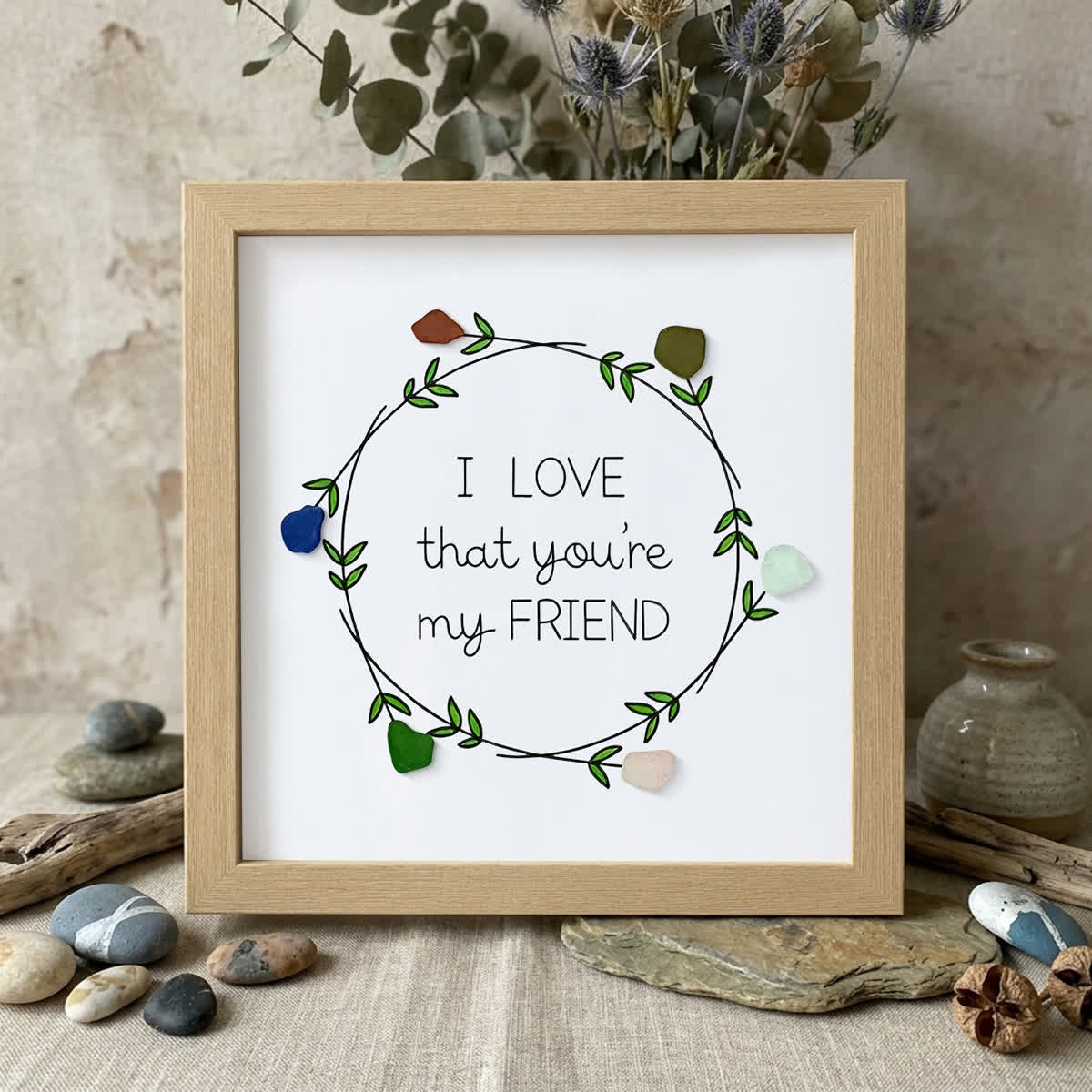 I Love That You're My Friend Wreath Sea Glass Framed Art - Oak - 8" X 8" - image 10