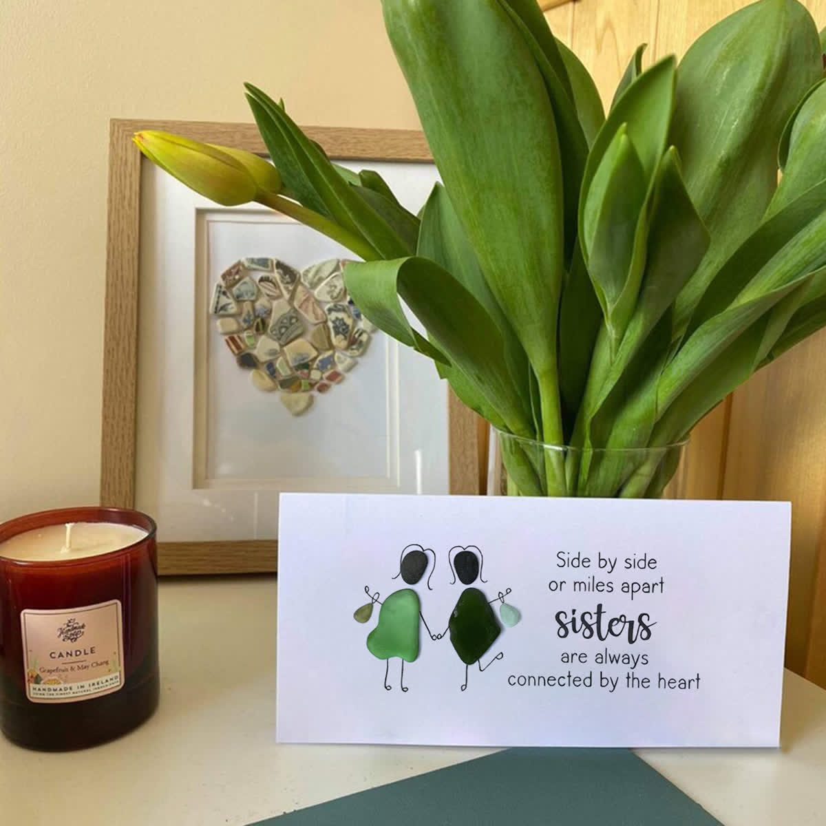 Sisters Connected by Heart Sea Glass Framed Art - Seaglass Card - 6" X 8" - image 1